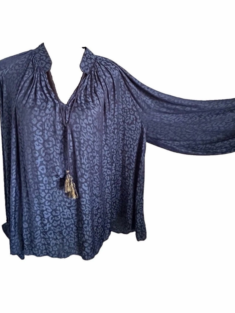 Crown & Ivy Blouse Womens 2X Blue Leopard Tassel V Neck Long Sleeve Tunic Boho